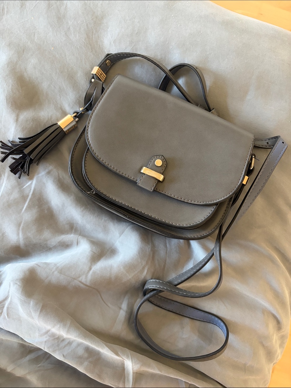 Grey Crossbody Saddle Bag with Tassel Accent